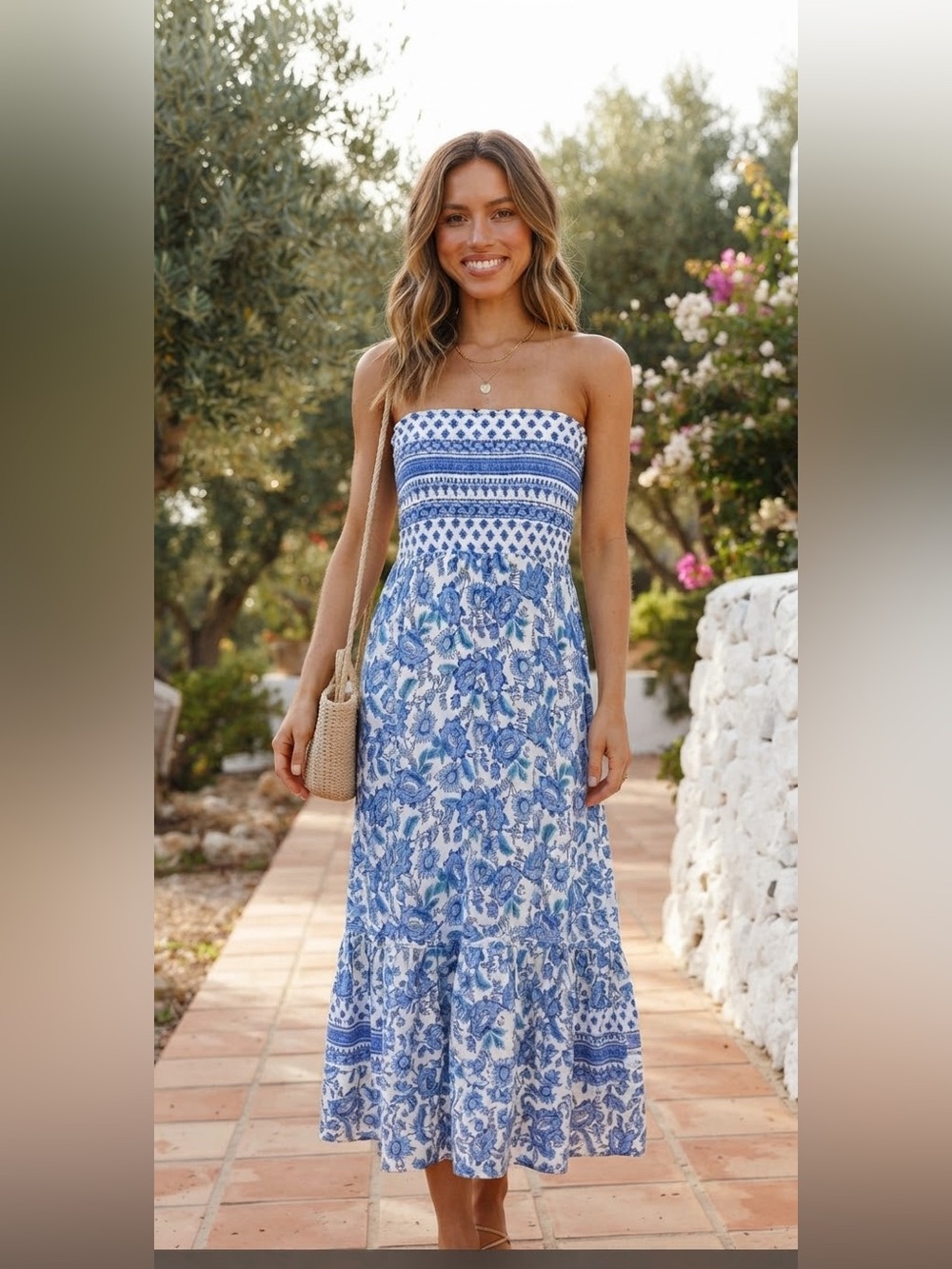 MSK Strapless Chinoiserie Maxi Dress Sz L Smocked Ruffle Button Blue White Beach